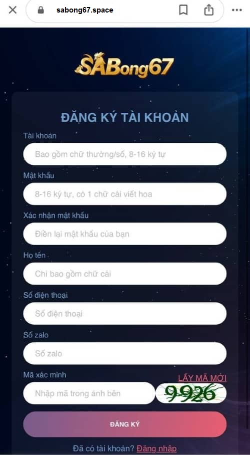 Nhập thông tin để Đăng ký Sabong67