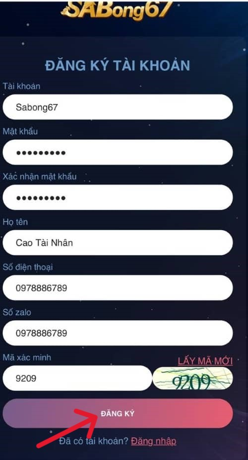 Hoàn tất đăng ký Sabong67